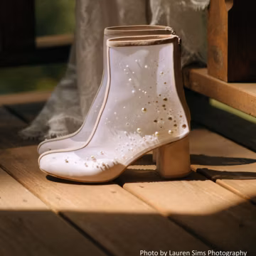 Ivory Wedding Boots with Block Heels and Pearl Embroidery on Tulle, Almond Toe Wedding Shoes Pearls Embellished, Bridal Booties Mid Heel