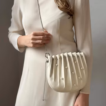 Wedding Leather Purse, Pleated Design with Pearl Accents | Chain Handle Bag, Bridal Handbag, Shell Pleats Clutch Bag