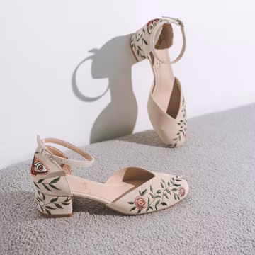 Ivory Bridal Sandals with Moth Embroidery, Handmade Floral Butterfly Wedding Shoes with V-Cut Vamp, Almond Toe, Ankle Strap, Low Block Heel