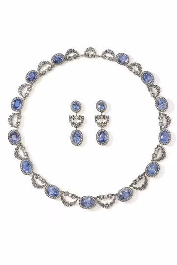 Antique Victorian Royal Blue sapphire Necklace & Earrings Diamond 925 sterling silver Handmade item.