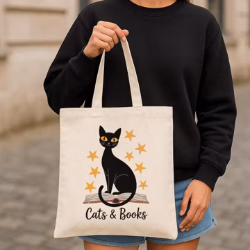 Cats and Books Canvas Tote Bag - Book Lover Library Bag