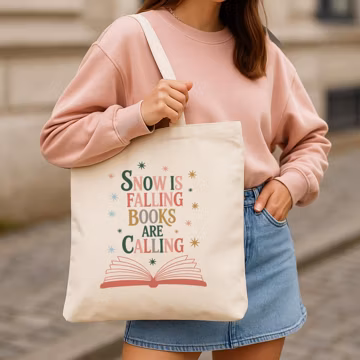 Winter Bookish Canvas Tote Bag - Book Lover Library Bag