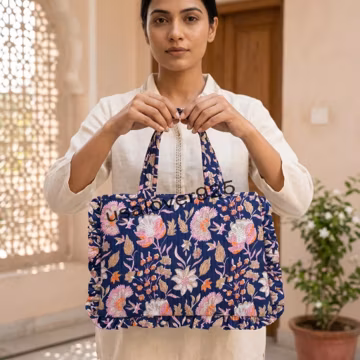 Handmade Ruffled Cotton Tote Bag – Navy Blue Vintage Floral Quilted Shoulder Bag