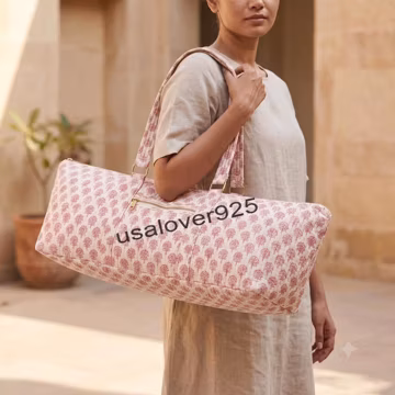 Hand Block Print Quilted Cotton Duffel Bag: Boho Yoga Mat Travel Tote