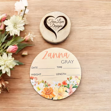 Baby announcement sign with birth stat, floral swag, Sign For Hospital Baby Name Reveal Birth Announcement, Orange Floral Swag Nursery Decor