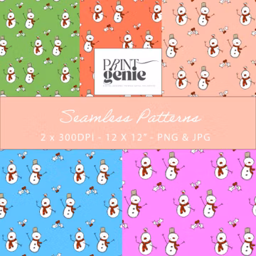 Christmas Snowman Seamless Pattern Bundle | 5 Festive Digital Papers | Holiday PNG JPG | Wrapping Paper | Fabric Design | 12x12 300 DPI