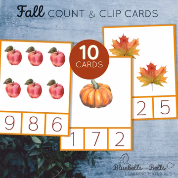 Autumn preschool printable count and clip cards 1-10. Montessori fall math activity.