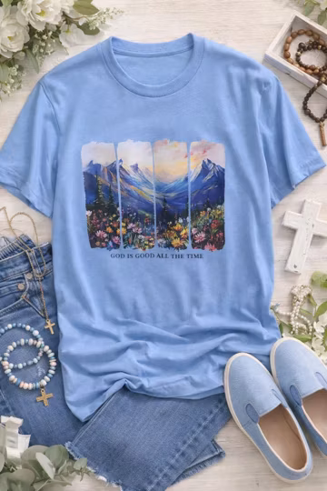 Christian Mountain Landscape T-Shirt, God Is Good Faith Apparel, Boho Style Tee, Size Large