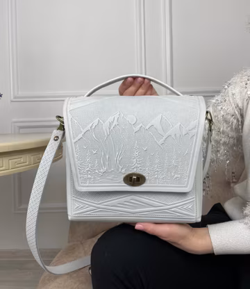 Embossed White Leather Satchel Bag: Handmade Crossbody Purse