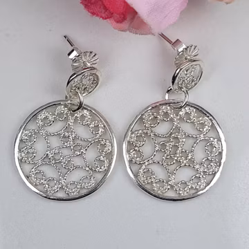 Filigree earrings, Silver disc earrings, Stud drop earrings, Fine jewelry