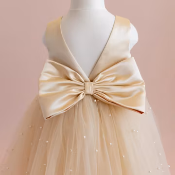 Champagne Pearl Tulle Flower Girl Dress with Elegant Satin Bow - Wedding Gown for Kids
