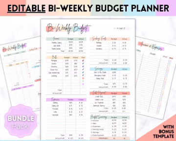 EDITABLE Biweekly Budget Planner, Bi-weekly Template, PDF Printable Paycheck Budget Tracker, Finance Planner, Zero Based, Sheet Binder