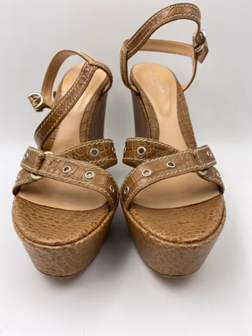 Women's 90s Vintage wedge sandals | Italian shoes, by Sergio Rossi | Tan hued strappy sandals | Size EU 40