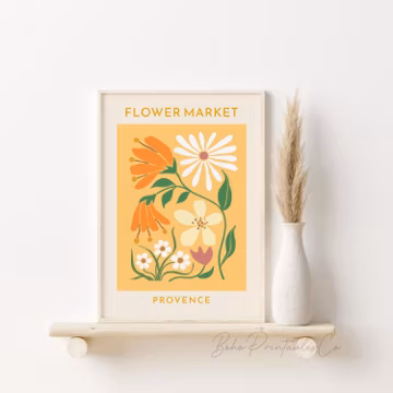 Flower Market Print, Provence Flower Market Exhibition Poster, DIGITAL DOWNLOAD, Yellow Orange Abstract Botanical Print, Printable Wall Art