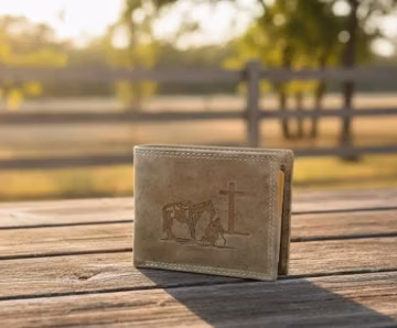 Praying Cowboy Hunter Leather Wallet – Rustic Western Bifold, Gift Box