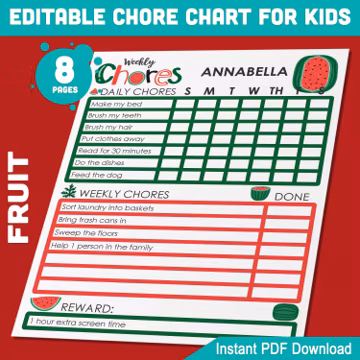 Fruit-Themed Chore Chart for Kids: Printable and Editable Responsibility Tracker, To-Do List for Boys and Girls – 8 Pages