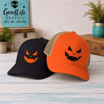 Spooky Pumpkin Face Trucker Hat: Halloween Jack O'Lantern Mesh Caps for Couples