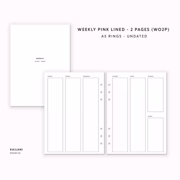 A5 Weekly Planner Inserts, Pink Lined, Minimalist (PDF Pattern)