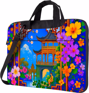 Colorful Oriental Floral Laptop Bag 13 14 15.6 Inch – Waterproof Shockproof Case with Pagoda Art, Vibrant Travel Briefcase for Women