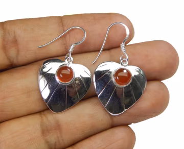 Round Cabochon Carnelian Gemstone: 925 Sterling Silver Handmade Heart Shape Design Earrings,