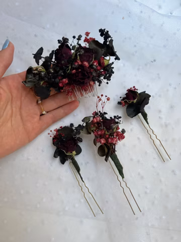 Black gothic wedding hair accessories Red rose headpiece Winter wedding bridal flower hair pins bridesmaid hair accessory Gothic wedding