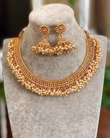 Antique Gold Indian Choker Guttapusalu Necklace Set with Jhumka Earrings | Traditional Pearl Bridal Jewelry | Temple Style Wedding Necklace