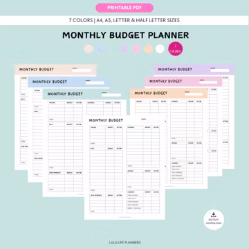Monthly Budget Planner Printable PDF, Budget Tracker, Personal Finance Template, 7 Colors, A4, A5, Letter and Half Letter Sizes