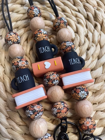 Floral Silicone Beaded Teacher Lanyard: Black Teach Mug, Books, Breakaway