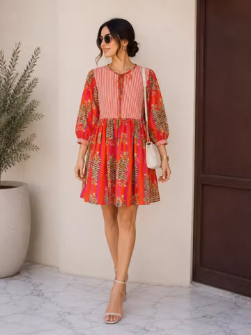 Hand Block Print Cotton Gauze Midi Dress | Boho Deep Neck | String Closer, Pure Cotton