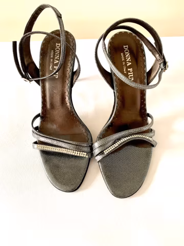 Donna Piu Strappy Bejeweled Pewter Sandals, EU 38, US Size 7.5