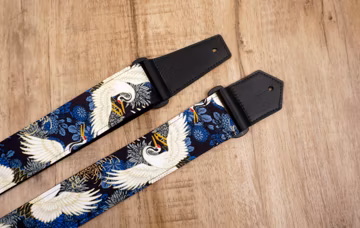 Personalized crane and chrysanthemums guitar strap with leather ends | for acoustic guitar, electric, and bass guitar, graduation gift
