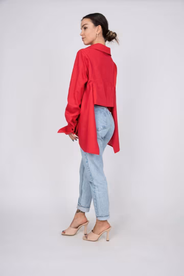 Handmade Linen Tunic/Red Asymmetrical Linen Top/Linen Blouse/Red Linen Shirt/Casual Linen Blouse/Oversized Blouse/Red Plaid Tunic/AE347