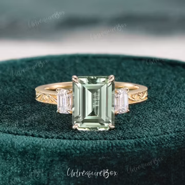 Victorian Engraved Emerald Cut Green Sapphire Engagement Ring Yellow Gold Vine Filigree Wedding Band Ring Vintage Promise Anniversary Ring
