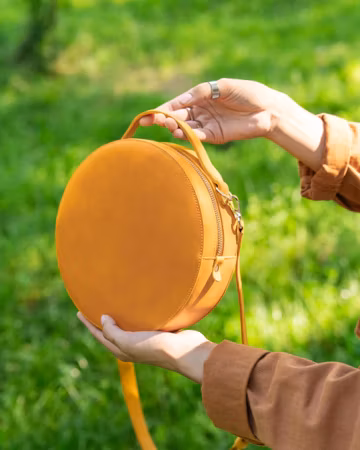 Round Leather Crossbody Bag: Full-Grain Circle Purse, Adjustable Strap