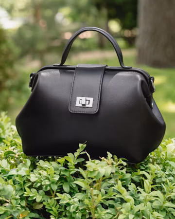 Black Leather Crossbody Doctor Bag – Personalized Monogram Satchel Purse, Structured Top Handle, Gift for Women