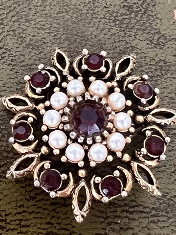 metal glass and faux pearl brooch