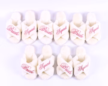 Personalized Fluffy Slipper - White Pink - Bridal Squad Your Custom Text Bachelorette Gift Foam Cozy Sleepover Bridal Shower Wedding Gift