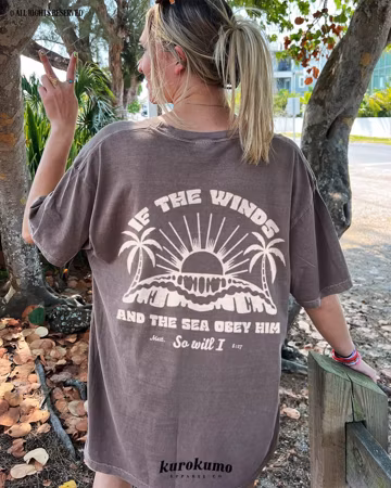 The Winds & The Sea Obey Him Bible Verse Tshirt Gospel Shirt Christian Faith Based Clothing Beachy Church Clothes Retro Sun Wave Graphic Tee