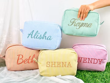 Embroidered Seersucker Makeup Bag, Personalized Cosmetic Bag, Seersucker Makeup Bag
