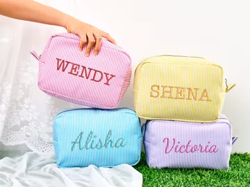 Custom Embroidered Makeup Bag, Personalized Seersucker Cosmetic Bag, Monogramed Makeup Bag, Bridesmaid Gift, Christmas Gift, Gift for Her