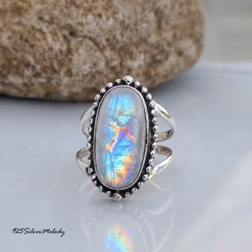 Natural Rainbow Moonstone Ring, 925 Sterling Silver Luminous Oval Stone Ring, Gift for Her