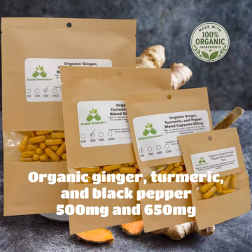 USDA Certified Organic Ginger, Turmeric Curcumin, 95% Black Pepper blend, 500mg and 650mg vegetarian capsules
