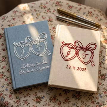 Personalized Wedding Guest Book, Hand Embroidered Linen Journal, Letters to the Bride and Groom, Heart Locket Coquette Bow, Wedding Keepsake