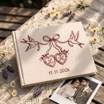 Personalized Embroidered Wedding Guest Book: Love Birds & Heart Monogram Linen Album, Custom Wedding Keepsake