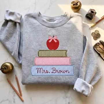 Custom Teacher Sweatshirt, Personalized Mrs Name Book Stack Crewneck, Embroidered Apple Shirt, Back to School Gift