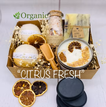 Organic Citrus Spa Gift Set: Bath Bombs, Bar Soap, Soy Candle and Soak