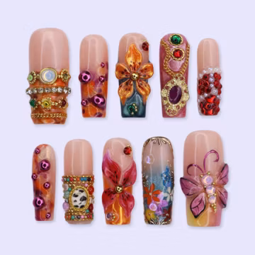 Maximal Press On Nails With 3D Flower, Pink Butterfly & Gemstone | Long Square Fake Nails | Handmade Nail Art for Vacation, Party, Birthday