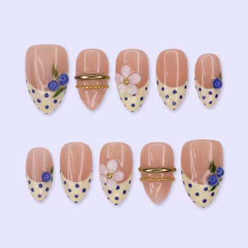 Summer Press On Nails With Blueberry, 3D Daisy & Gold Rings | French Tip Short Almond Fake Nails | Handmade Nails Art For Vacation Or Gift