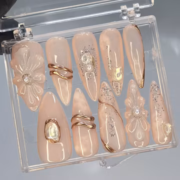 Hand-Painted 3D Flower Elegant with Gold Long Almond Press On Nails - Event, Birthday, Prom, and Holiday Nail Art