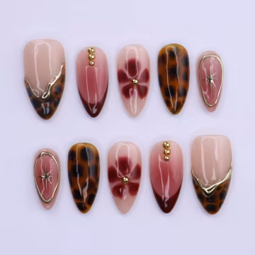 Burgundy Tortoiseshell Press On Nails with Floral Bloom & Gold Star | Medium Almond Fake Nails | Handmade Nails Art for Fall, Date Night